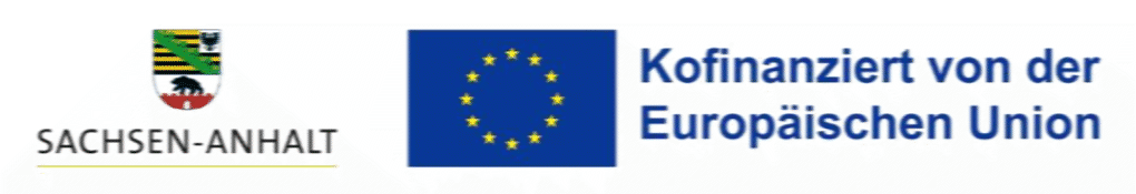 Kofinanziert von der Europäischen Union - Wappen von Sachsen-Anhalt und Europaflagge